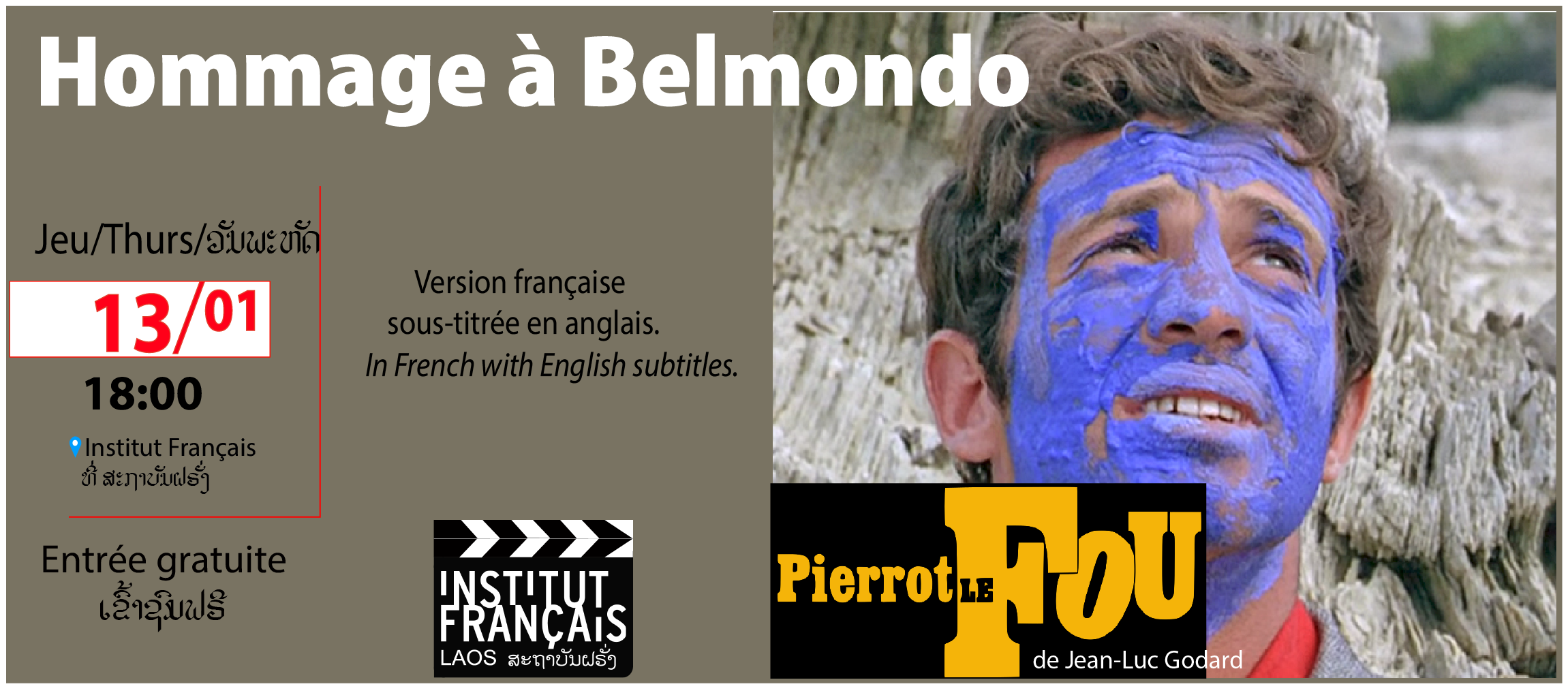 Film screening outdoors! "HOMMAGE A BELMONDO, “Pierrot le Fou” Jean-Paul Belmondo (1933-2021)